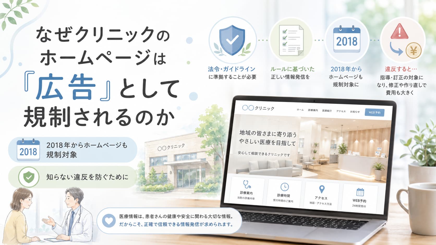 医療機関のホームページが法律のルールブックの下に置かれ、広告として扱われることを示すイラスト