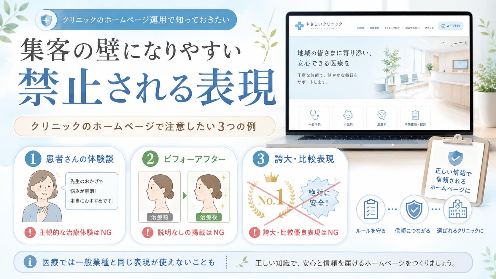 患者の体験談・ビフォーアフター写真・誇大表現の3つに注意マークが付いたイラスト