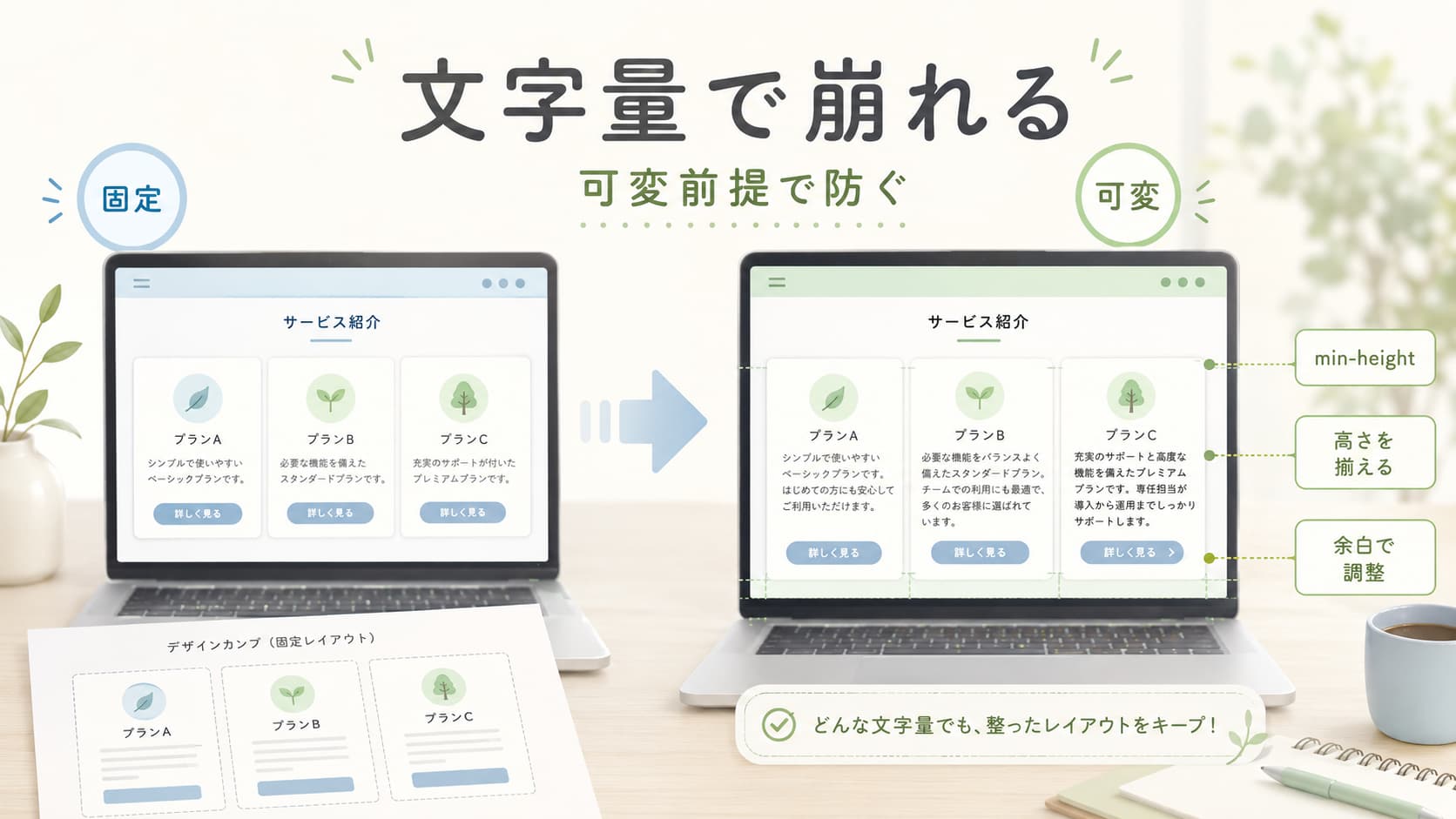 コンテンツ量の変化でデザインが崩れる原因とmin-heightや可変レイアウトによるコーディング対策