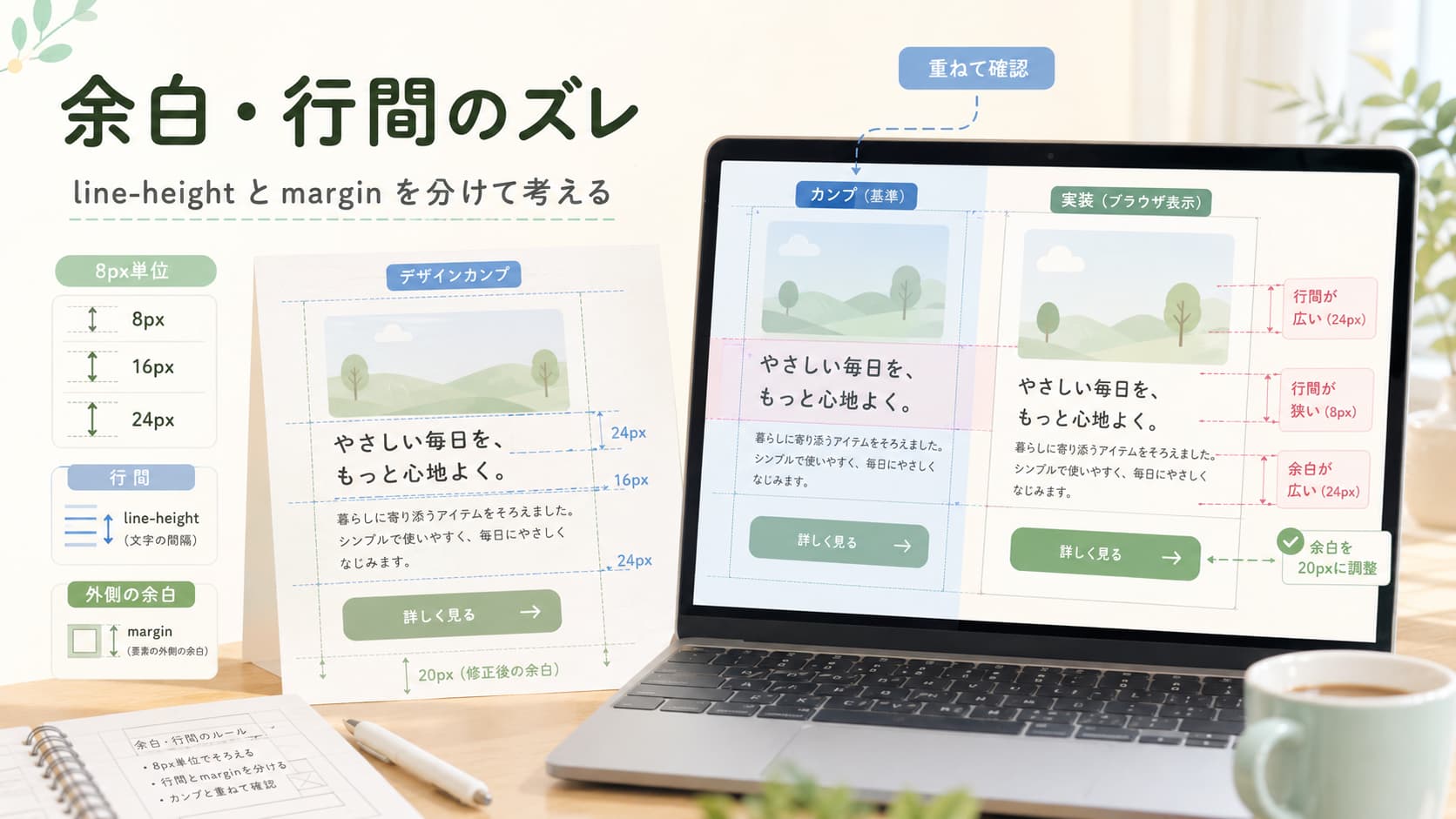 デザインカンプと実装で余白や行間がずれる原因をline-heightとmarginで比較する図解