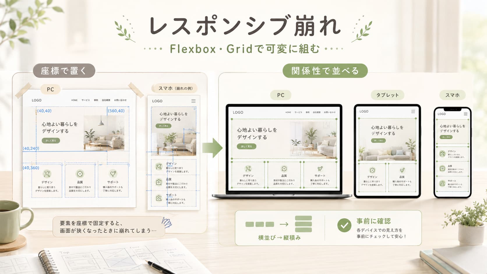 レスポンシブでレイアウトが崩れる原因とFlexbox・Gridで可変に組む解決策