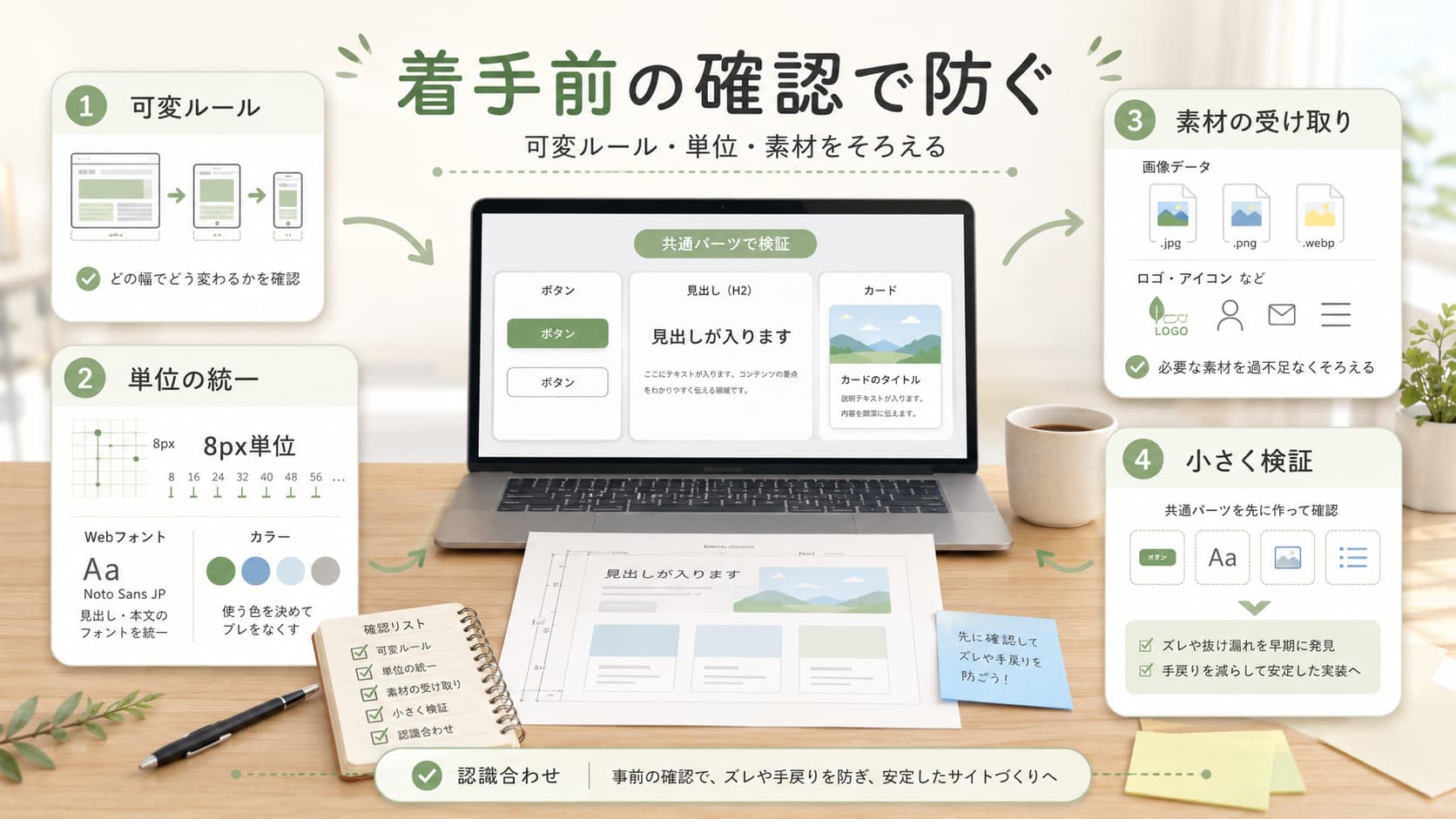 コーディング着手前に可変ルール・8px単位・素材データ・共通パーツを確認するチェックリスト