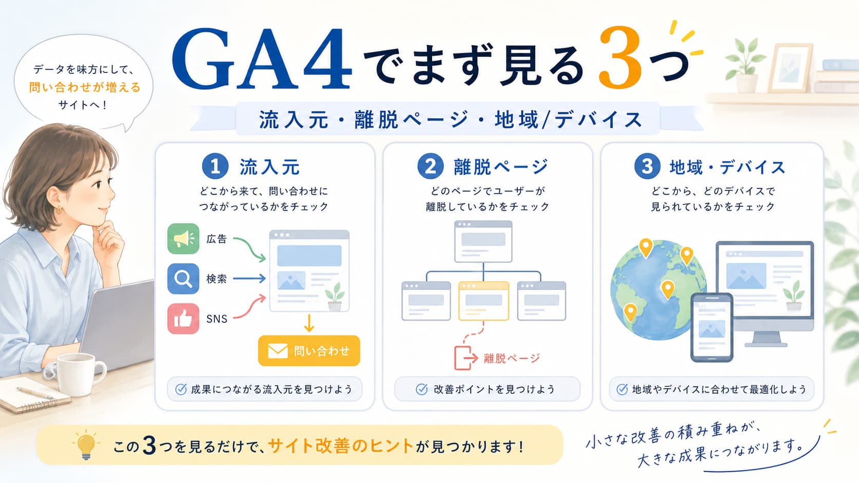 GA4で事業主がまず確認すべき流入元・離脱ページ・地域デバイスの3項目を解説する図解