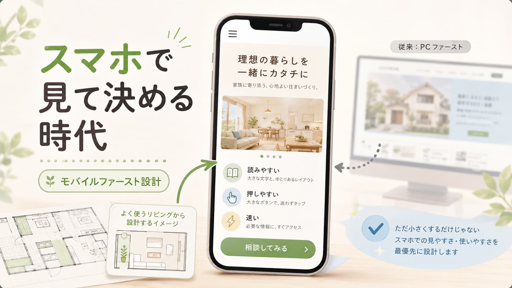 モバイルファースト設計でスマホの見やすさと使いやすさを優先し、PCファーストから改善するイメージ