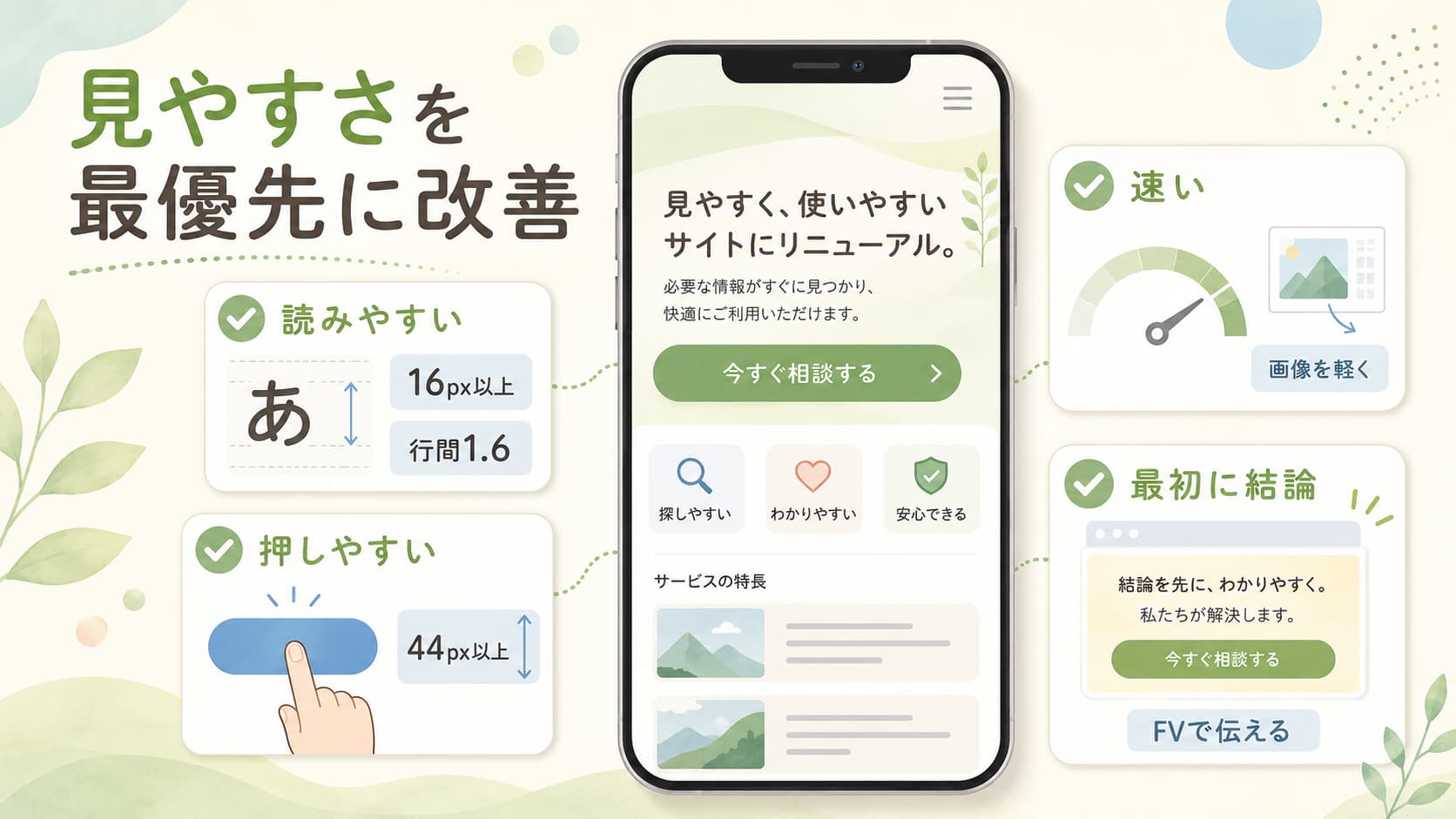 スマホサイトリニューアルで読みやすさ、押しやすさ、表示速度、ファーストビューを改善するポイント
