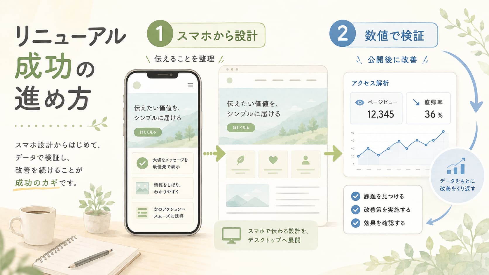 モバイルファーストのリニューアルをスマホ設計から始め、公開後に数値で検証して改善する流れ