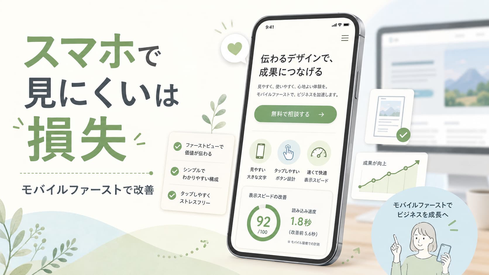 スマホで見にくいサイトをモバイルファーストで改善し、問い合わせや成果につなげるイメージ