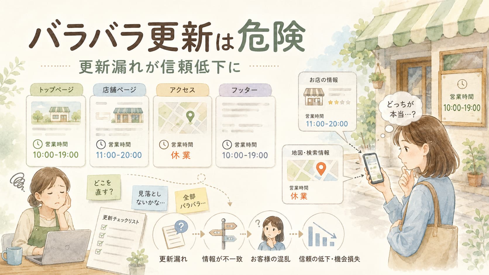 複数店舗の営業時間をページごとにバラバラ更新すると情報不一致や更新漏れで顧客の信頼低下につながることを示す図解