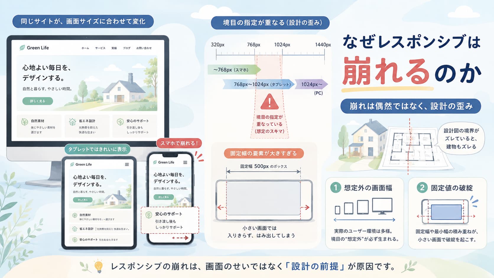レスポンシブデザインがスマホで崩れる原因を設計の歪みと固定幅の破綻から解説する図解