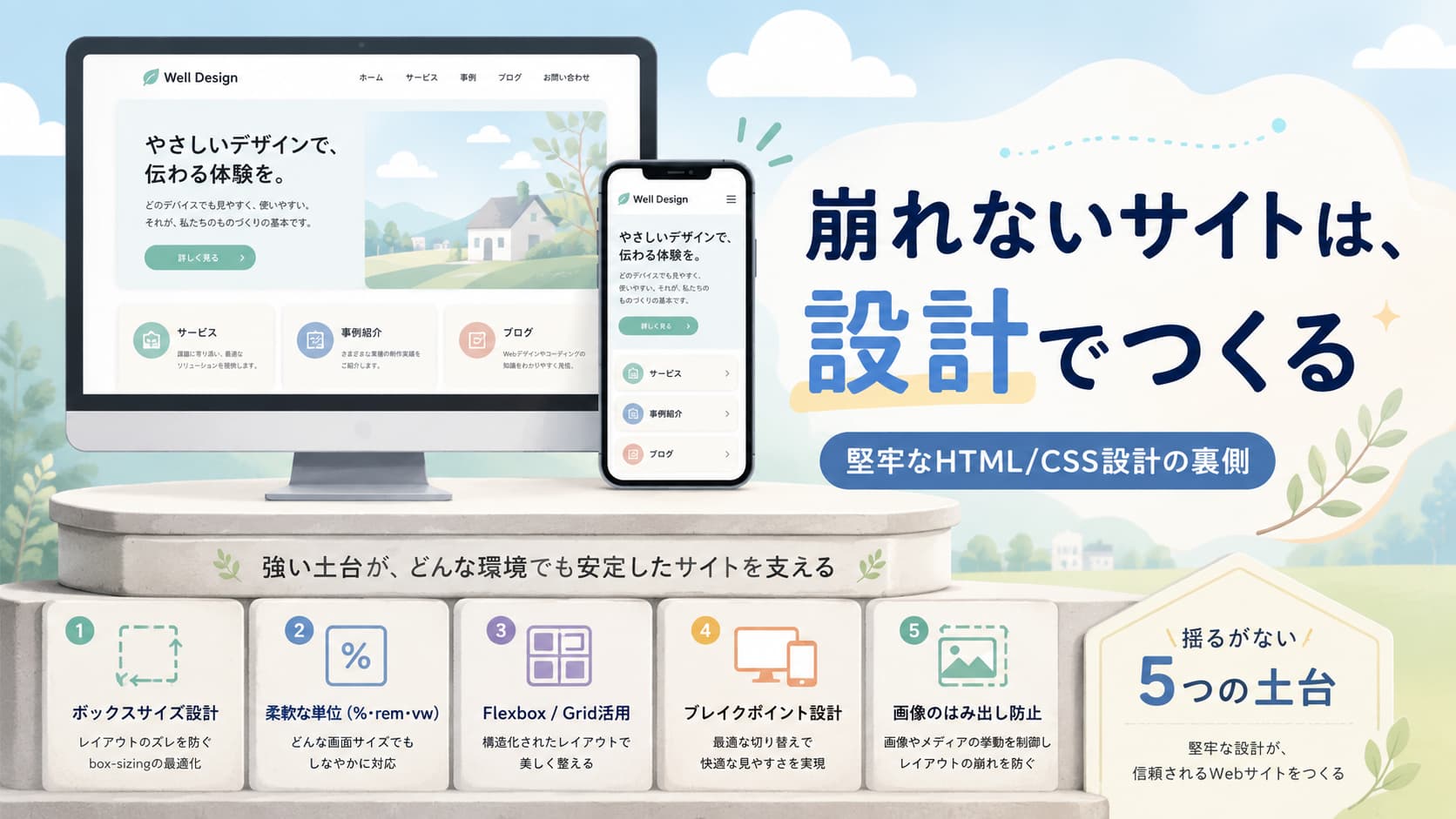 崩れないレスポンシブサイトを支える堅牢なHTML/CSS設計と5つの土台を解説する図解
