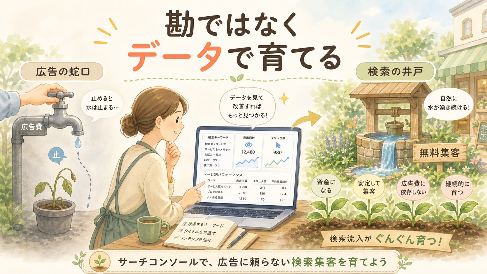 サーチコンソールのデータを見て広告に頼らない検索集客を育てるイメージ