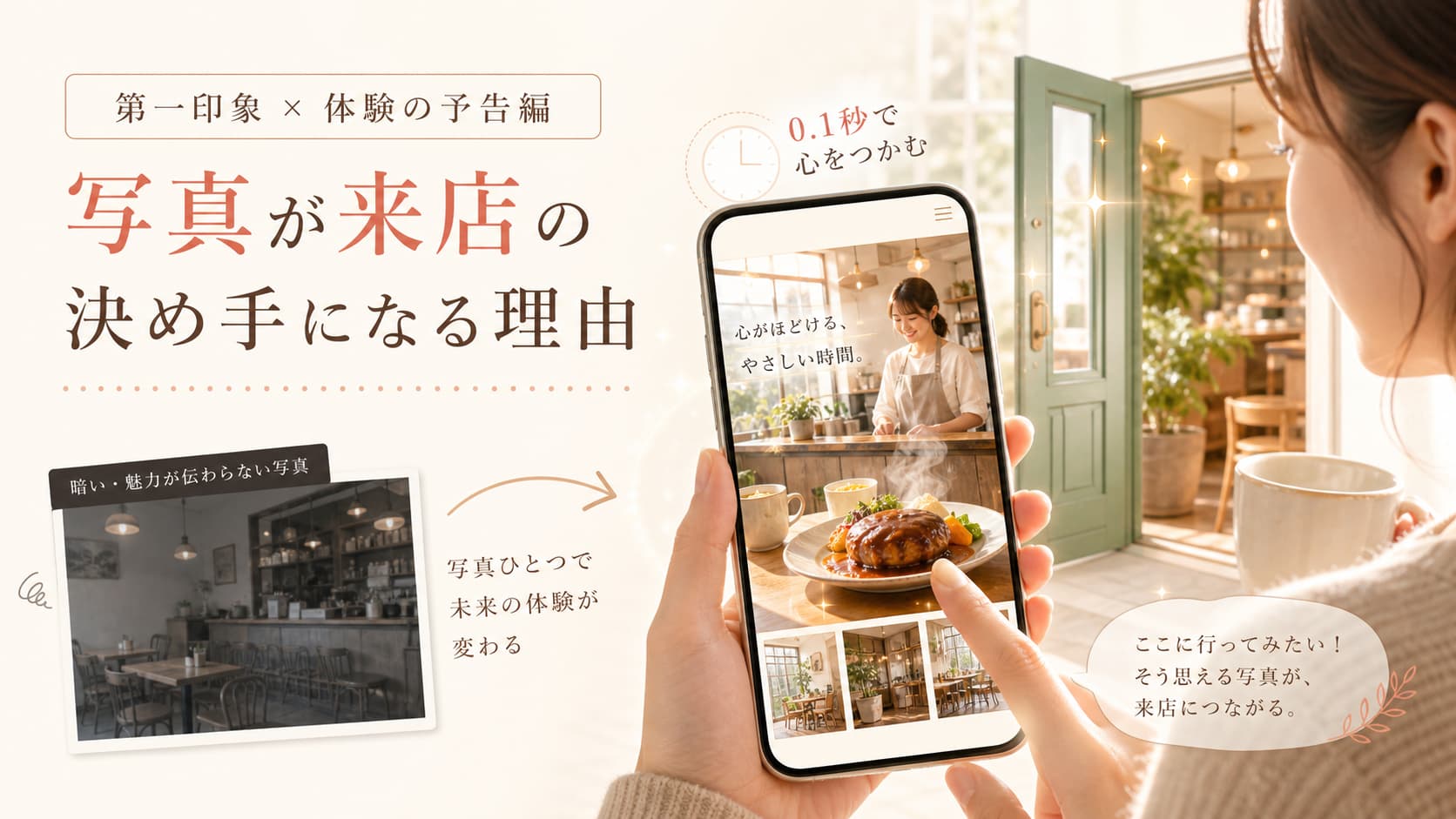 店舗サイトの写真が来店率を左右する理由を、スマホで見る明るい店舗写真と暗い写真の比較で示した画像