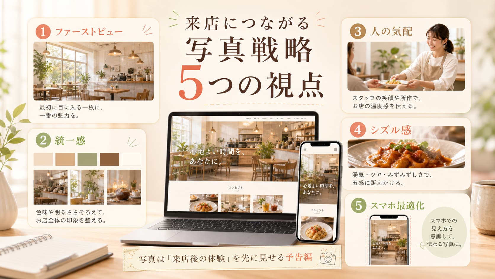 店舗サイトで来店につなげる写真戦略として、ファーストビューや統一感、シズル感など5つの視点を示した画像