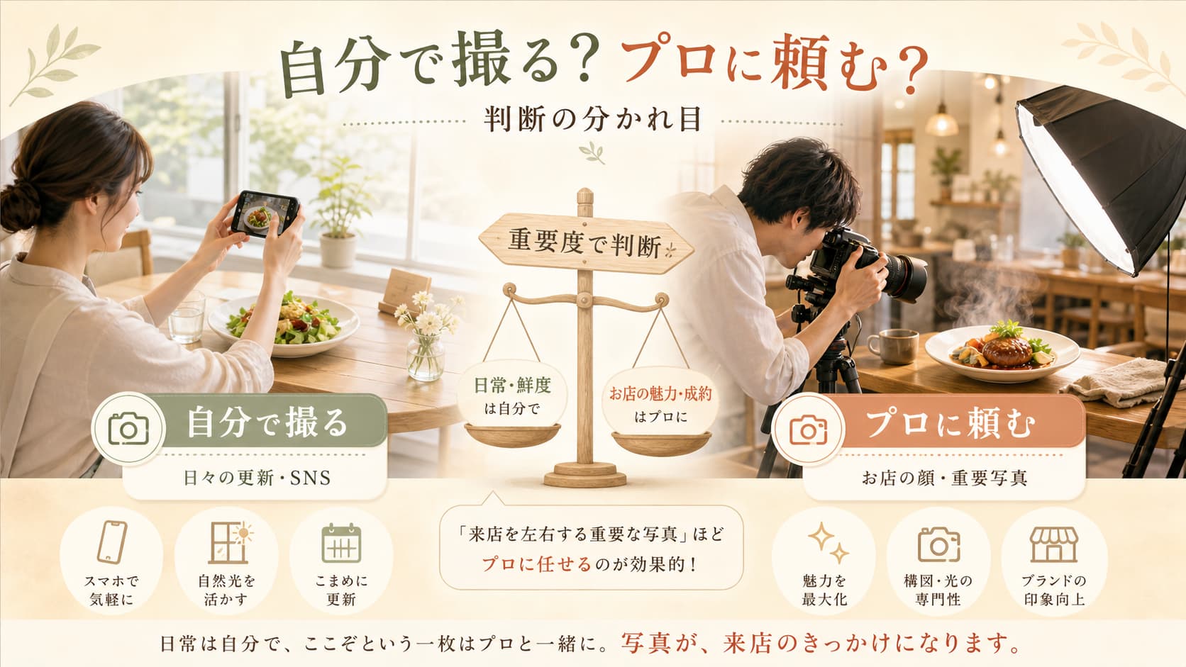 店舗写真を自分で撮る場合とプロに頼む場合の判断基準を、スマホ撮影とプロ撮影の比較で示した画像