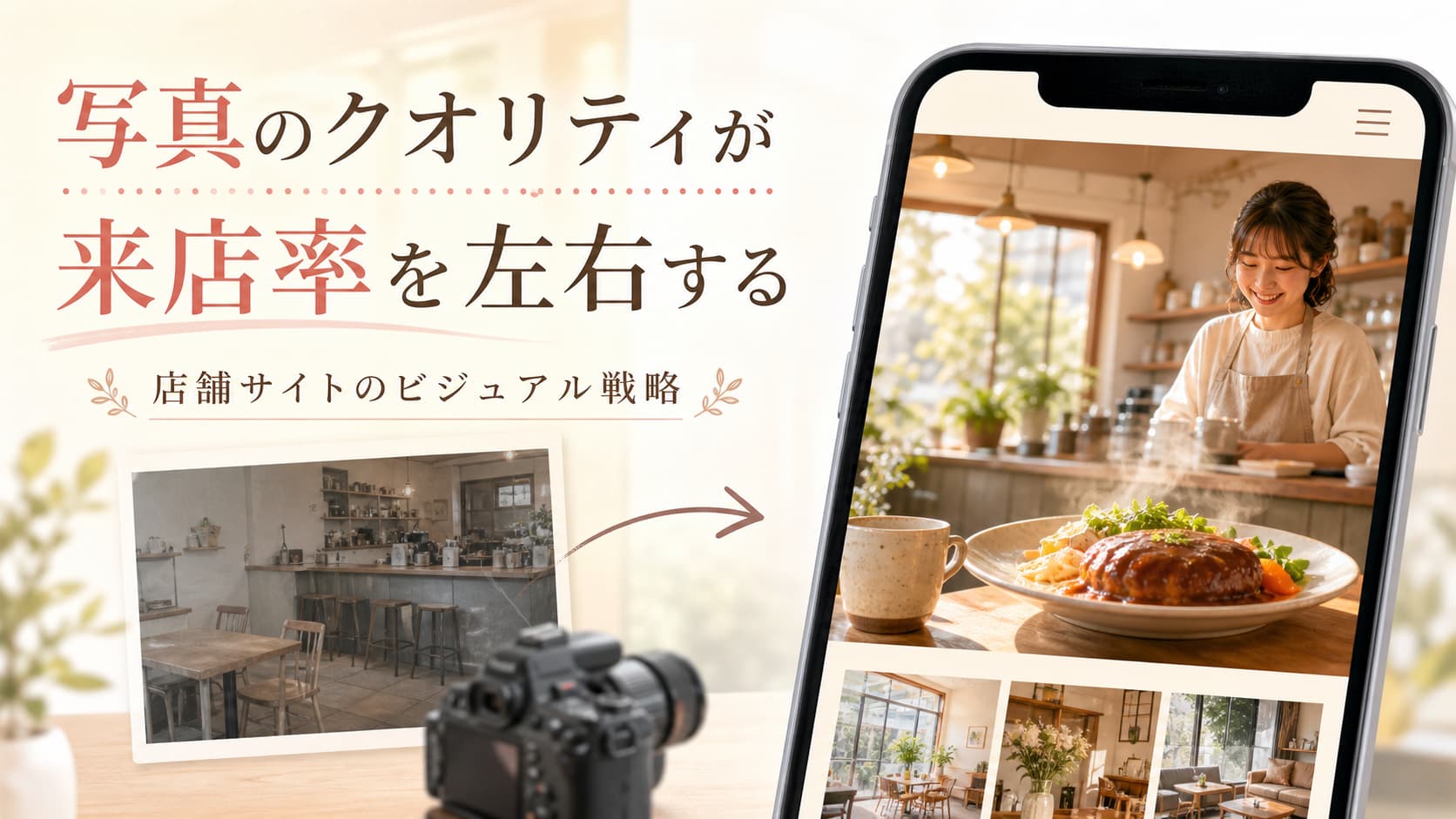 写真のクオリティが店舗サイトの来店率を左右することを、暗い写真と魅力的な店舗写真の比較で示したサムネイル画像