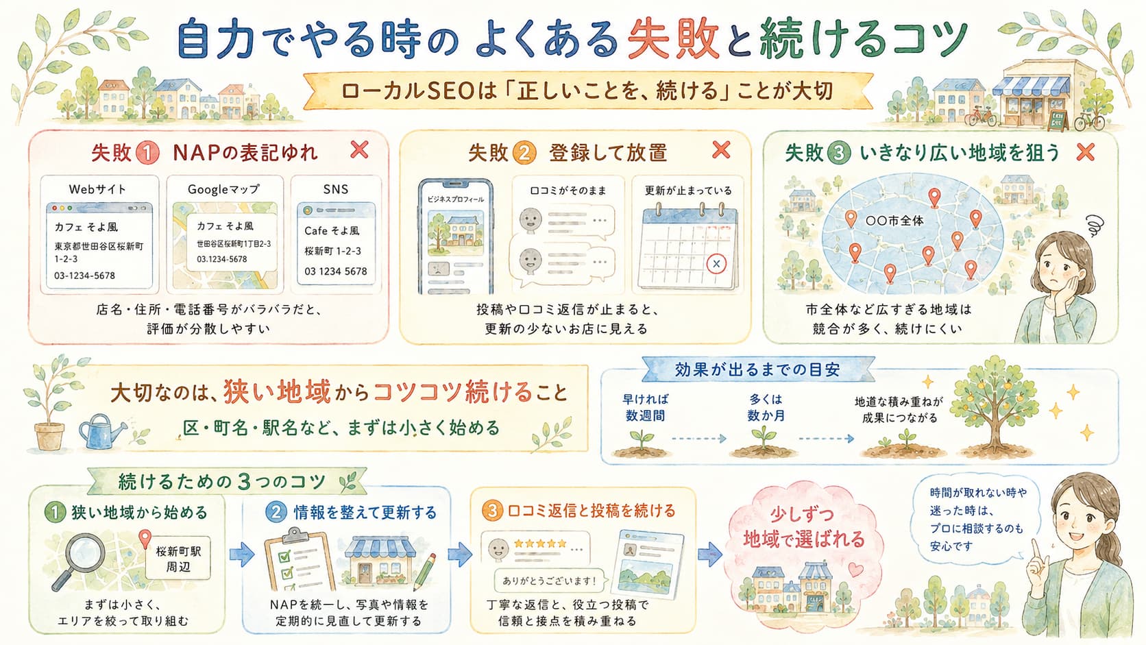 ローカルSEOでよくある3つの失敗と狭い地域から継続して取り組むコツ