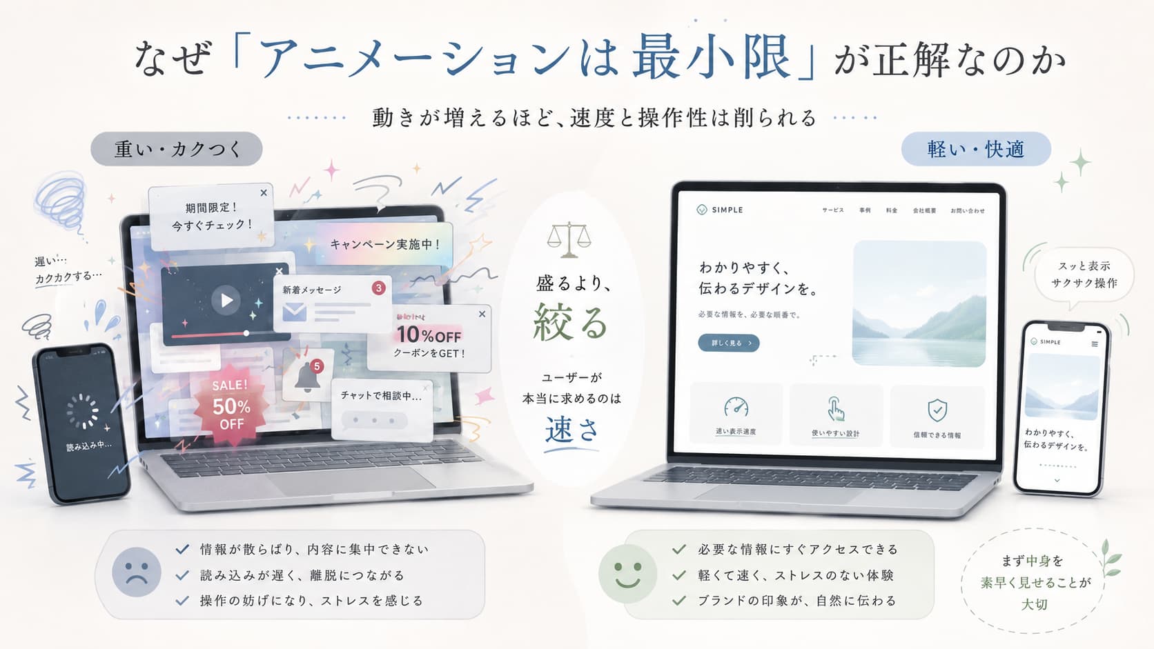 過剰なアニメーションで重いWebサイトと、動きを絞った軽く快適なWebサイトの比較