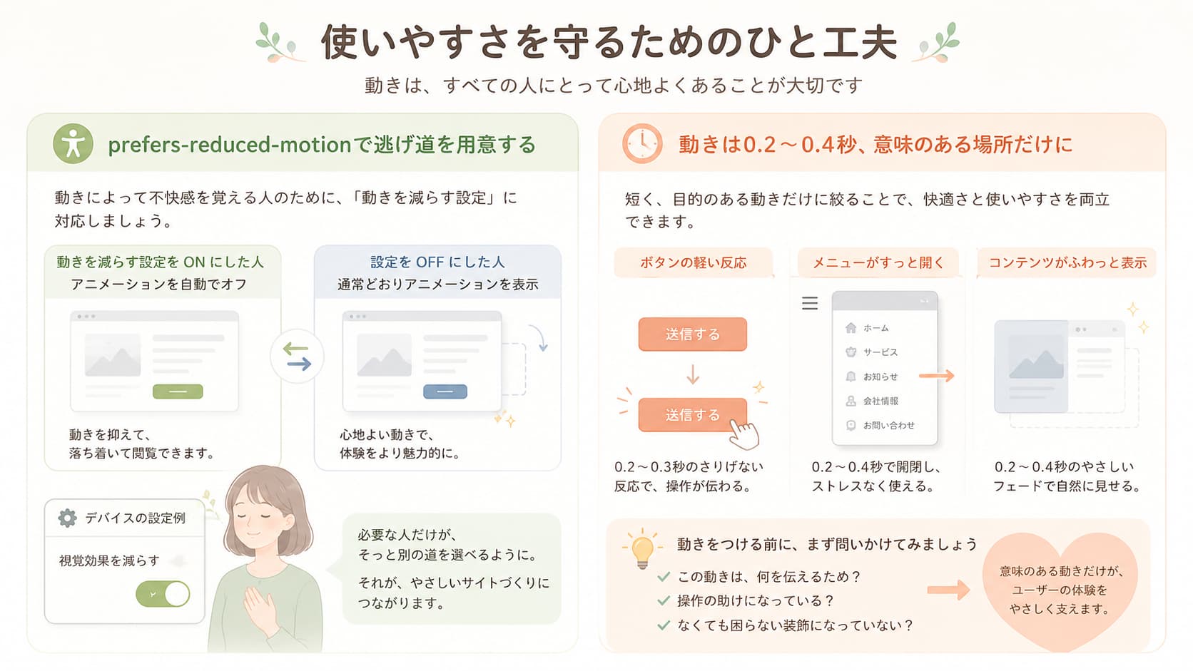 prefers-reduced-motionと0.2〜0.4秒の短い動きで使いやすさを守る方法