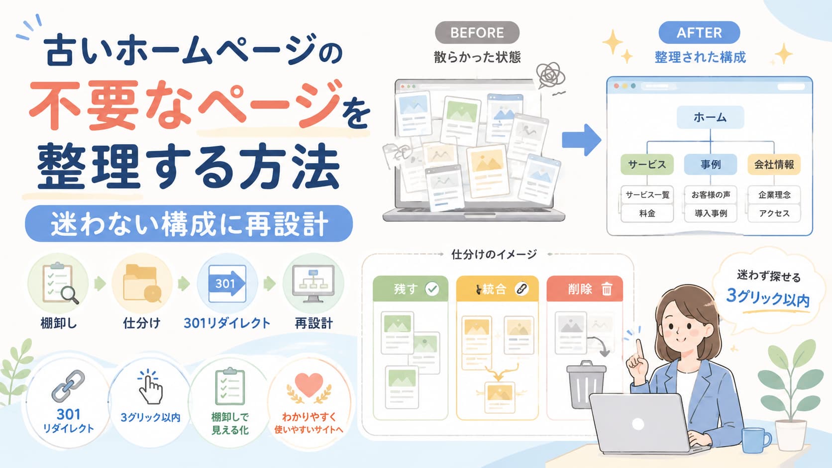 古いホームページの不要ページを棚卸し・仕分け・301リダイレクト・構成再設計で整理する方法