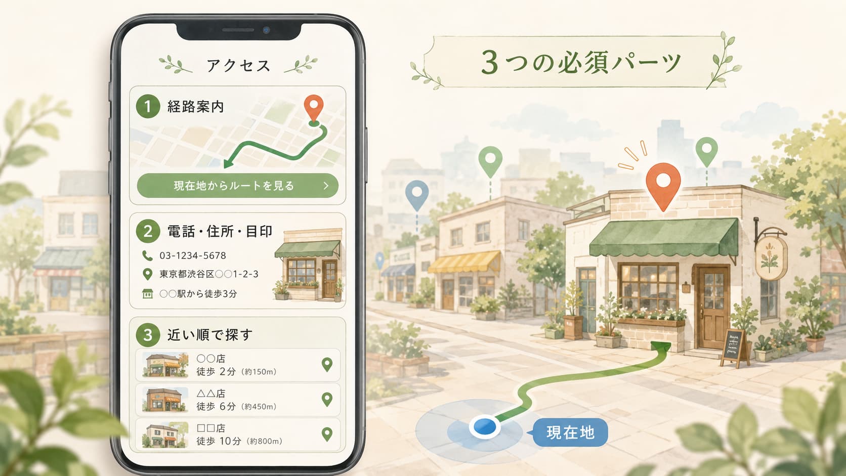 店舗サイトに必要な経路案内・電話住所目印・近い順検索をスマホ画面で示したイラスト