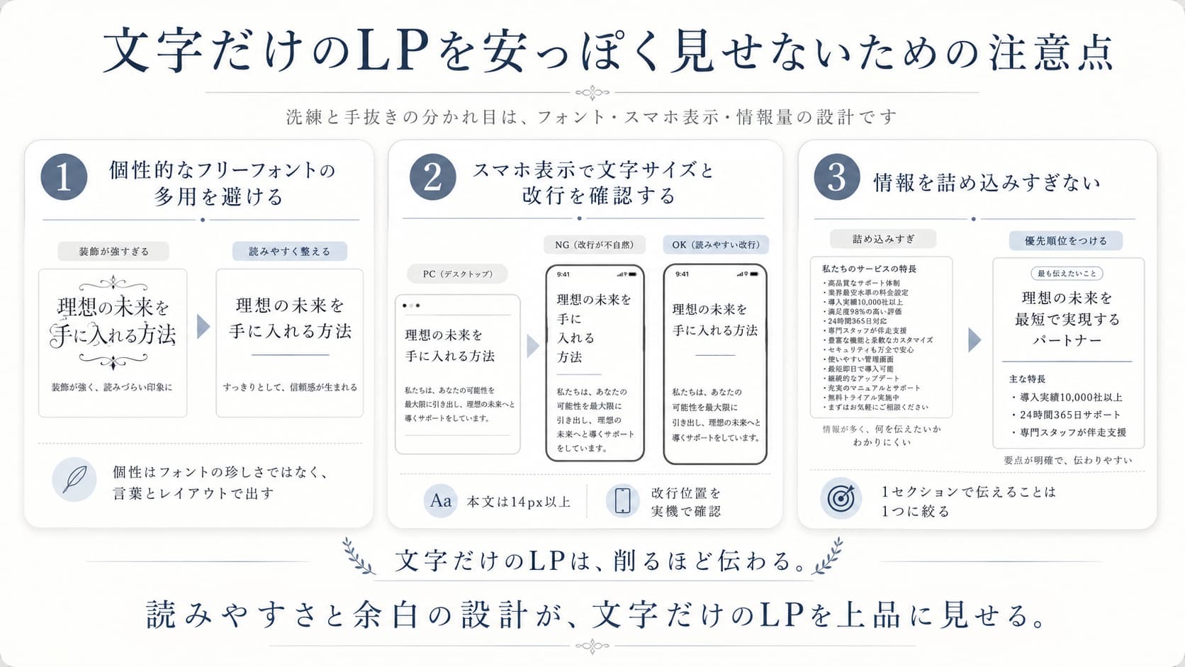 文字だけのLPを安っぽく見せないための注意点を、フォント・スマホ表示・情報量の3項目で比較した図