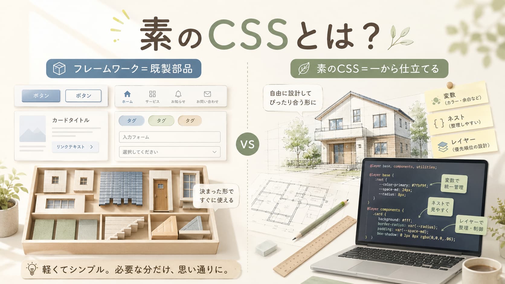 素のCSSとCSSフレームワークの違いを、既製部品と一から仕立てる設計で比較した解説画像