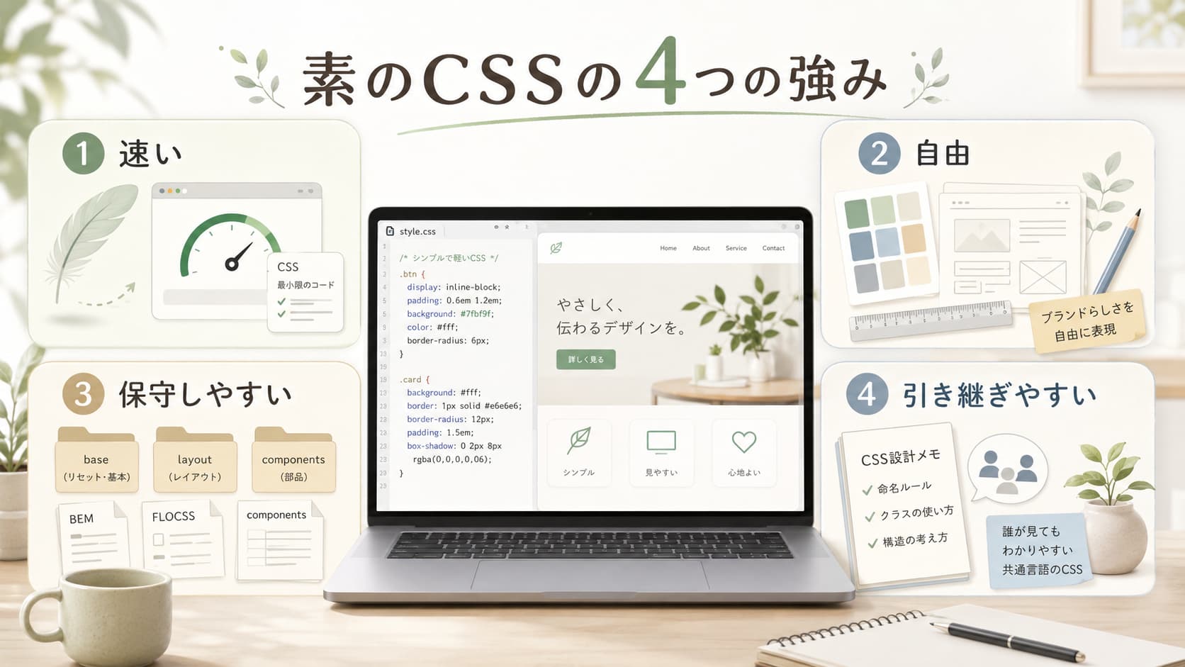 素のCSSの4つの強みである表示速度、自由度、保守性、引き継ぎやすさを示した解説画像