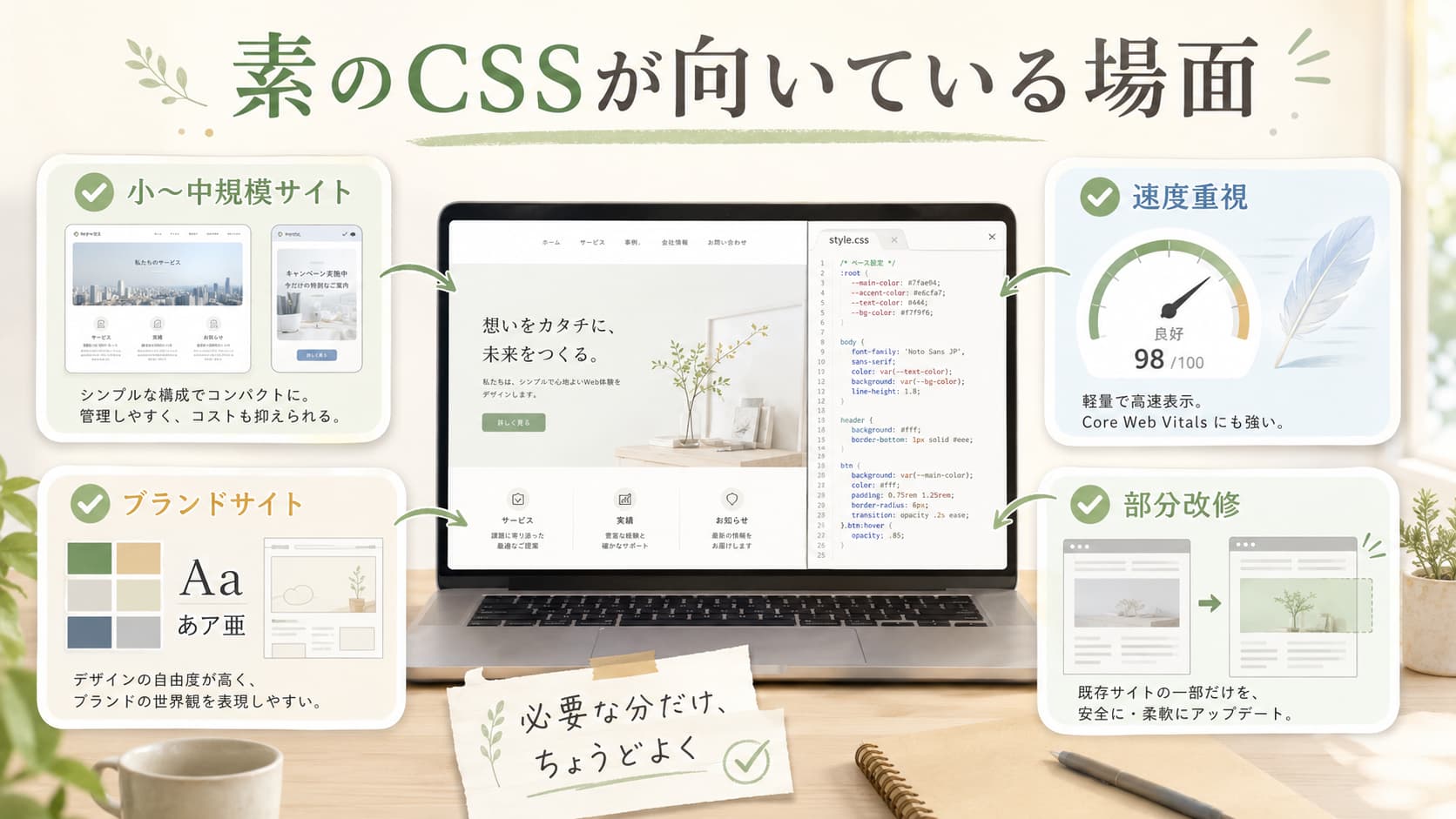 素のCSSが向いている小〜中規模サイト、速度重視、ブランドサイト、部分改修の活用シーン