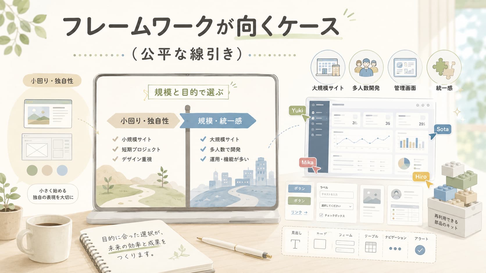 フレームワークが向く大規模サイト、多人数開発、管理画面、統一感を説明した比較画像