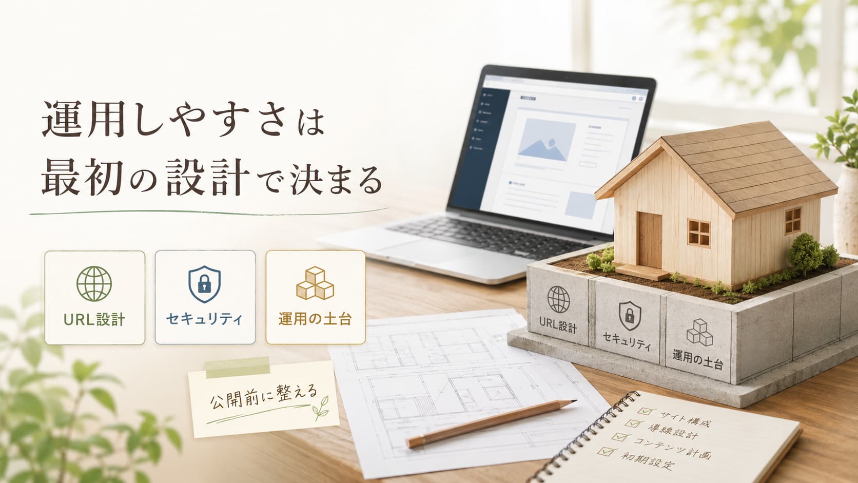 WordPressの運用しやすさはURL設計やセキュリティなど最初の設計で決まることを示すイメージ