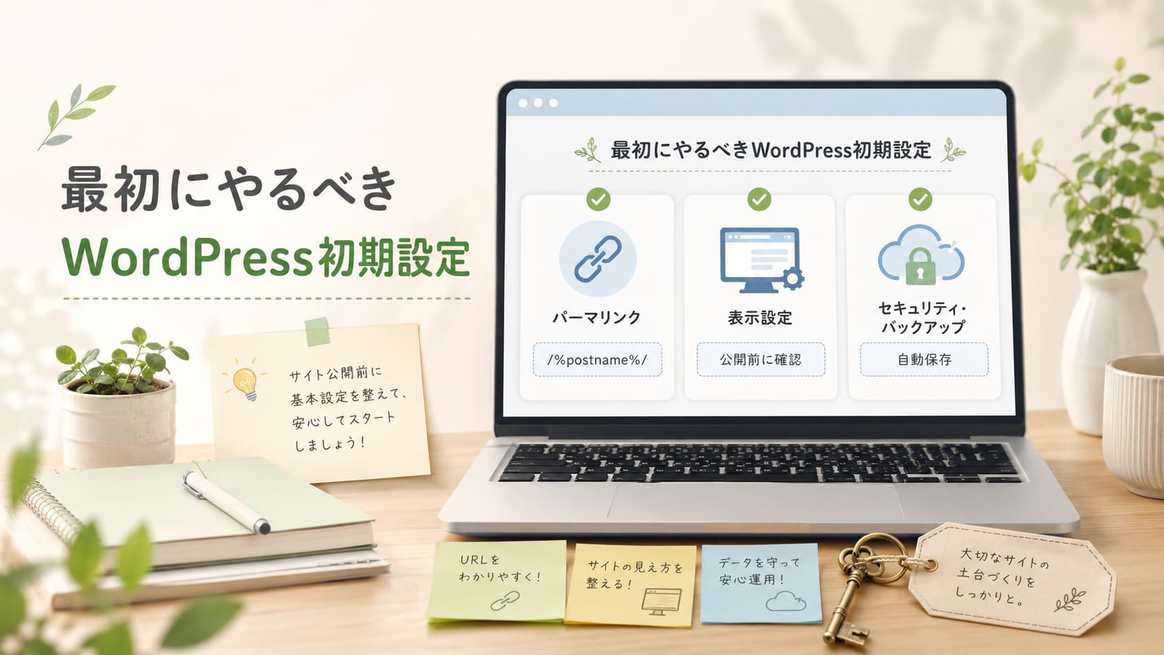 WordPress初期設定でパーマリンク・表示設定・セキュリティとバックアップを確認するイメージ