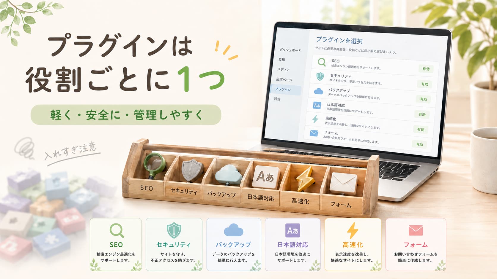 WordPressプラグインをSEO・セキュリティ・バックアップなど役割ごとに1つ選ぶイメージ