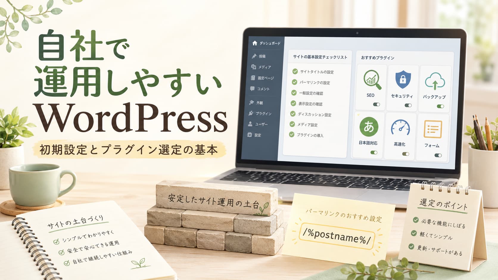 自社で運用しやすいWordPressの初期設定とプラグイン選定を解説するサムネイル