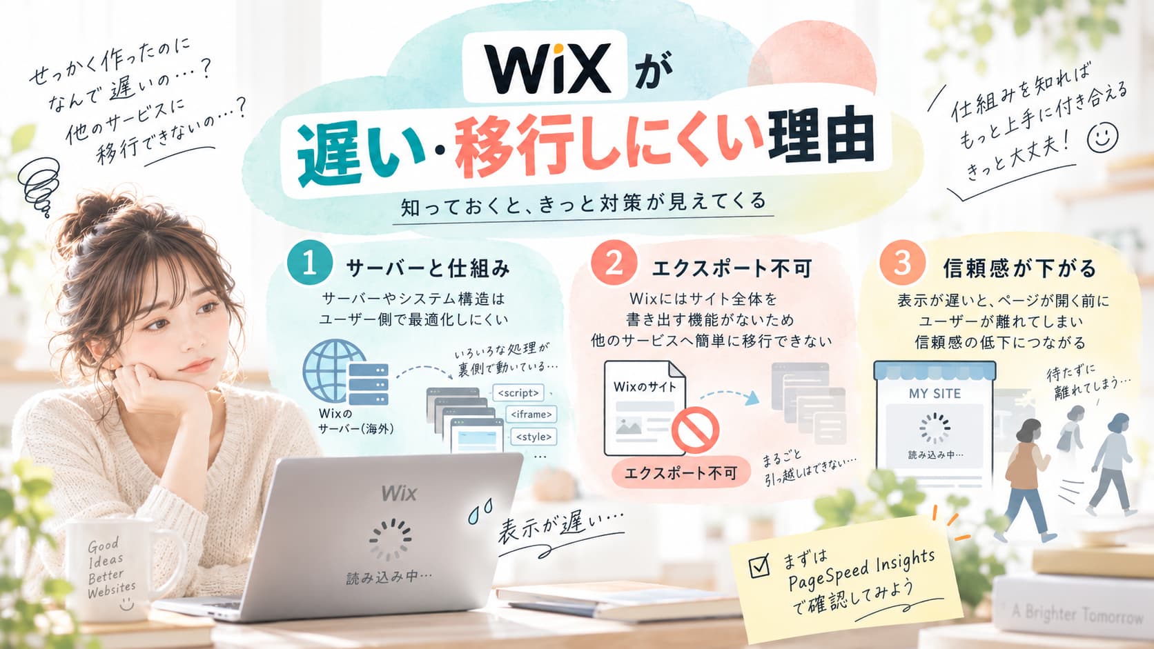 Wixサイトが遅い・移行しにくい3つの理由を解説した図