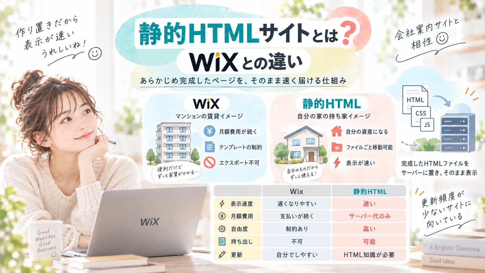 Wixと静的HTMLサイトの表示速度・費用・自由度の違いを比較した図