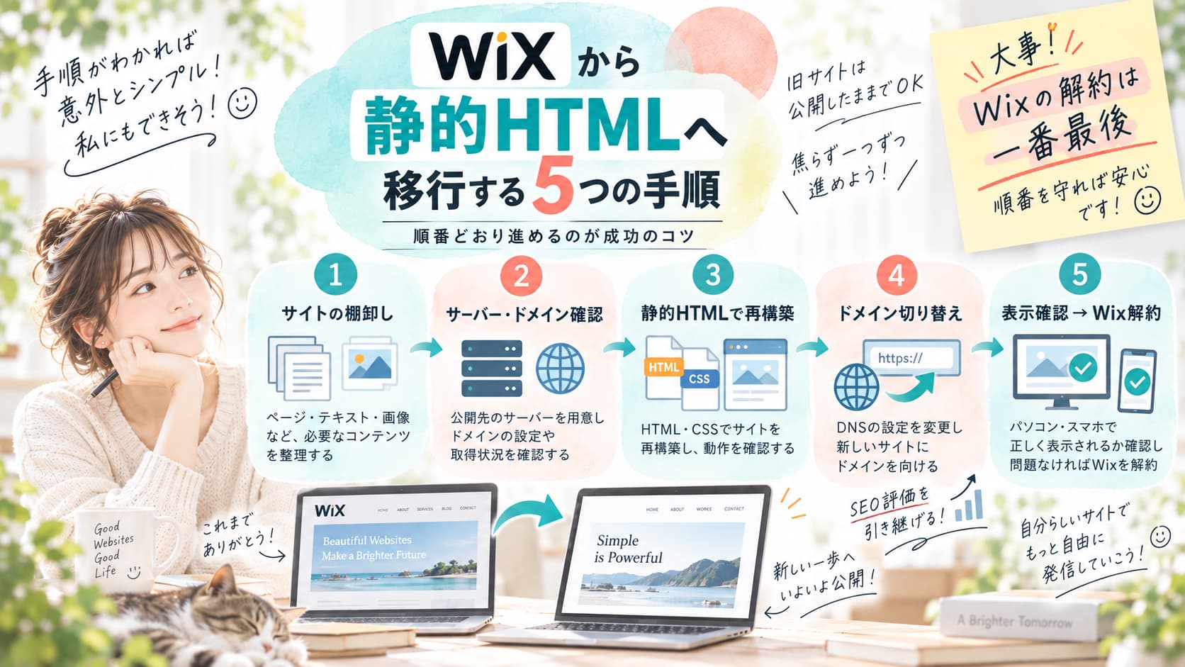 Wixから静的HTMLサイトへ移行する5つの手順を解説した図
