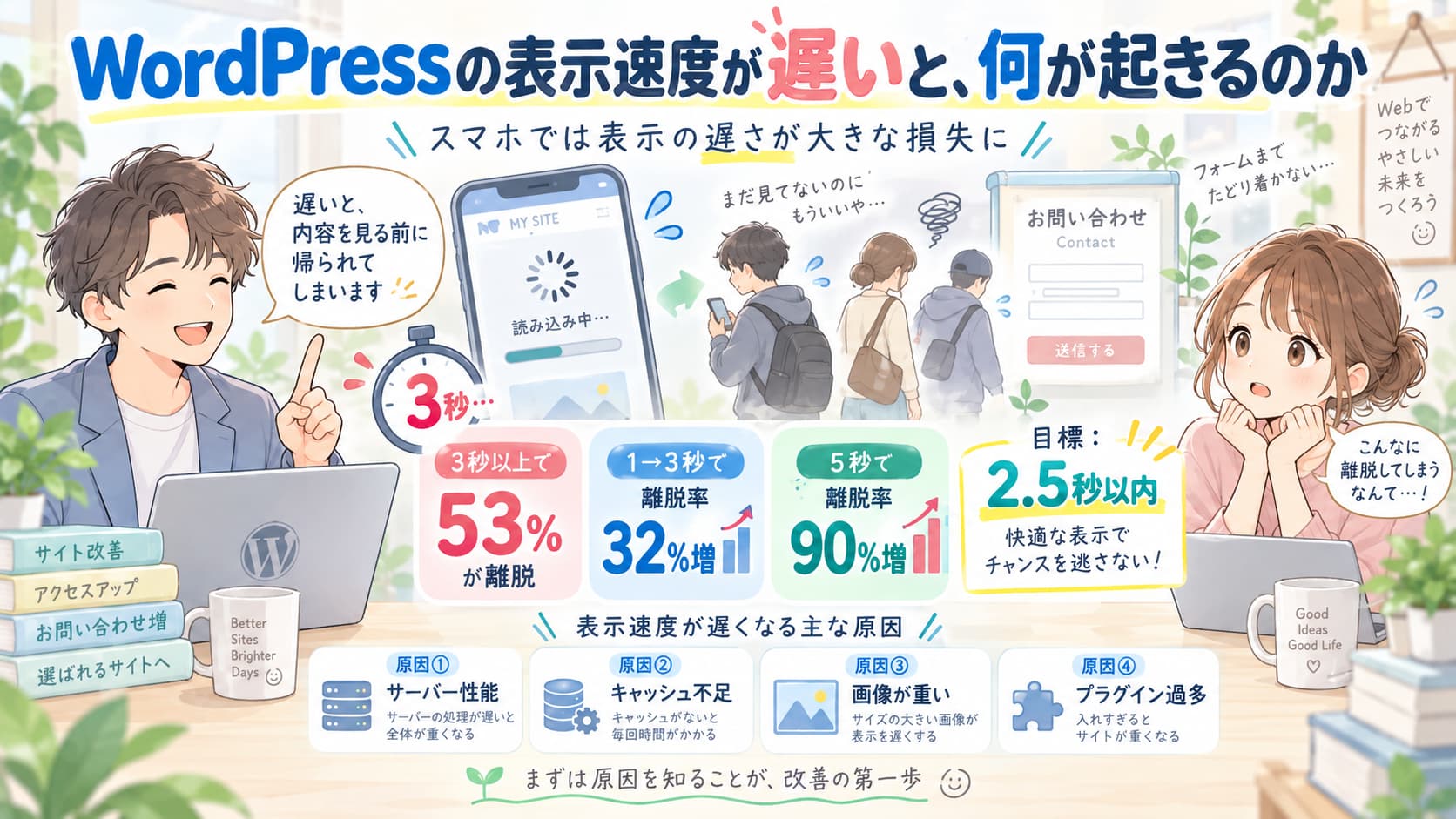WordPressの表示速度が遅い原因とユーザー離脱への影響を解説した図
