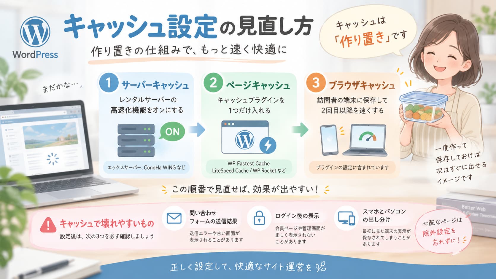 WordPressのキャッシュ設定をサーバー・ページ・ブラウザの順に見直す方法
