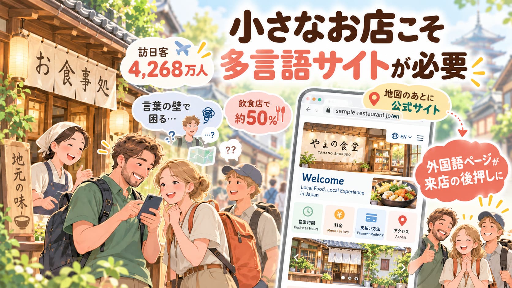 訪日外国人の増加を背景に、小さな飲食店が多言語サイトで営業時間や料金を案内し、外国人旅行者の来店を後押しするイラスト