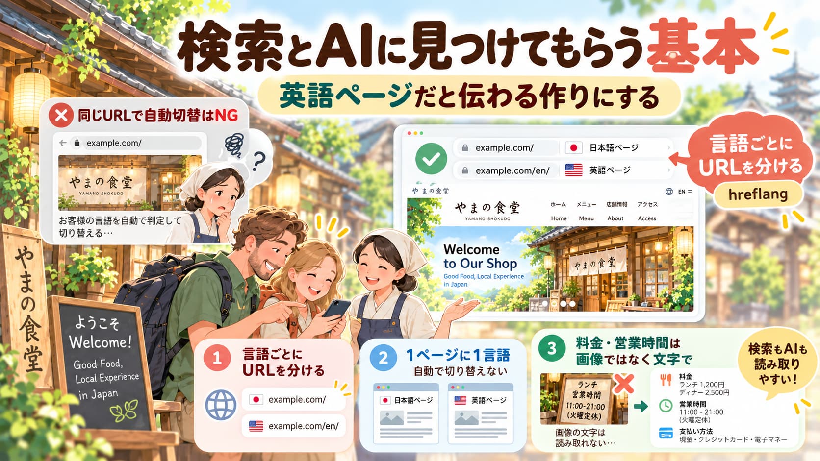検索エンジンとAIに見つけてもらう多言語サイトの作り方。言語別URL、1ページ1言語、料金・営業時間のテキスト掲載を示す図解