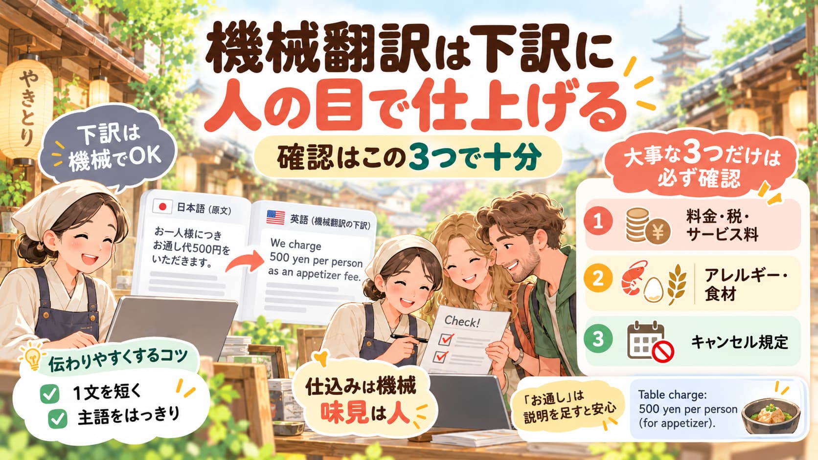 多言語サイトの英語翻訳は機械翻訳で下訳を作り、人が料金・税・サービス料、アレルギー、キャンセル規定を確認する手順を示すイラスト