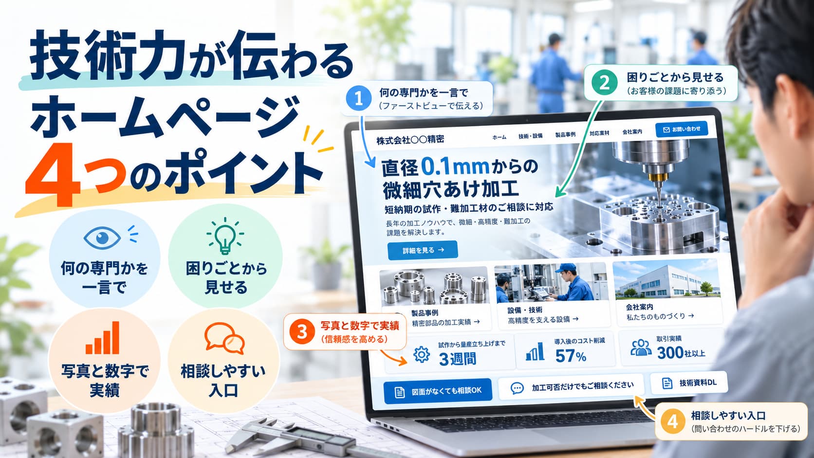 製造業の技術力が伝わるホームページ制作の4つのポイント。専門性の明示、課題解決、実績紹介、問い合わせ導線