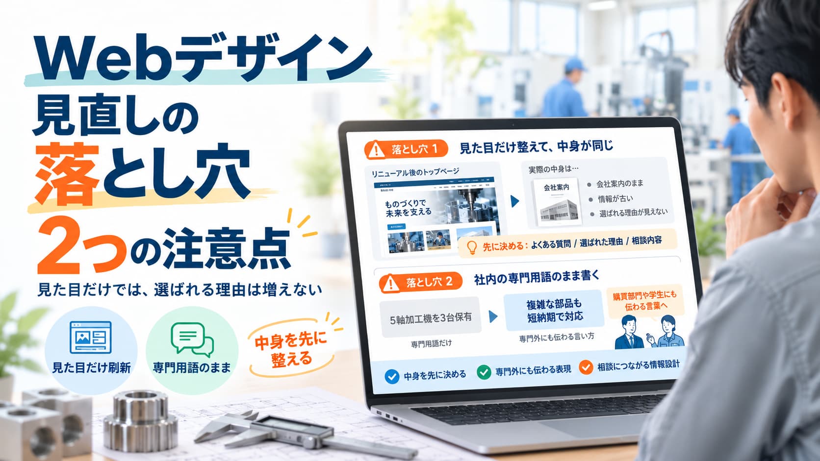 製造業のホームページリニューアルで失敗しやすい2つの落とし穴。見た目だけの刷新と専門用語による説明不足