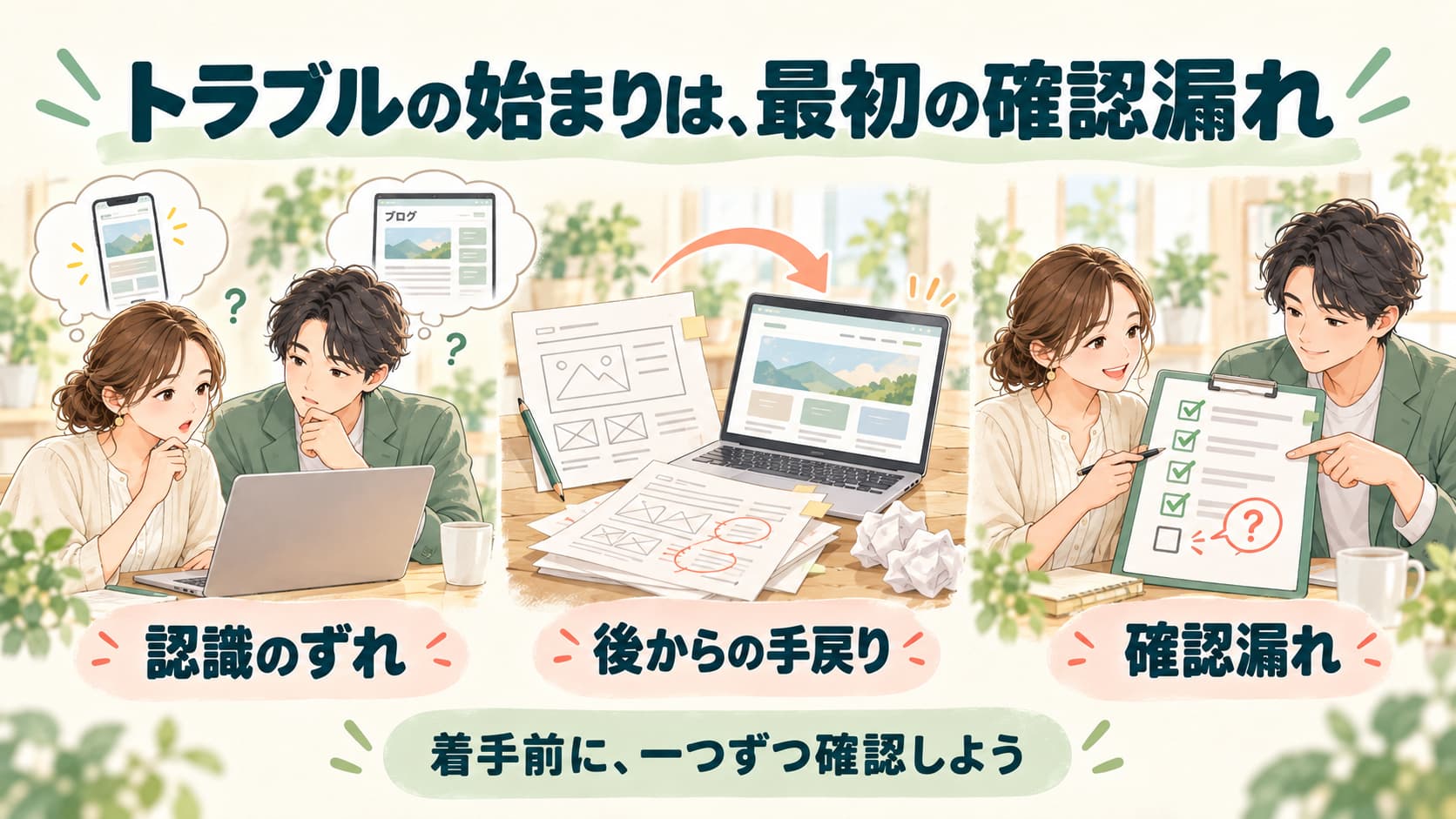 Web制作のトラブルにつながる認識のずれ、後からの手戻り、確認漏れ