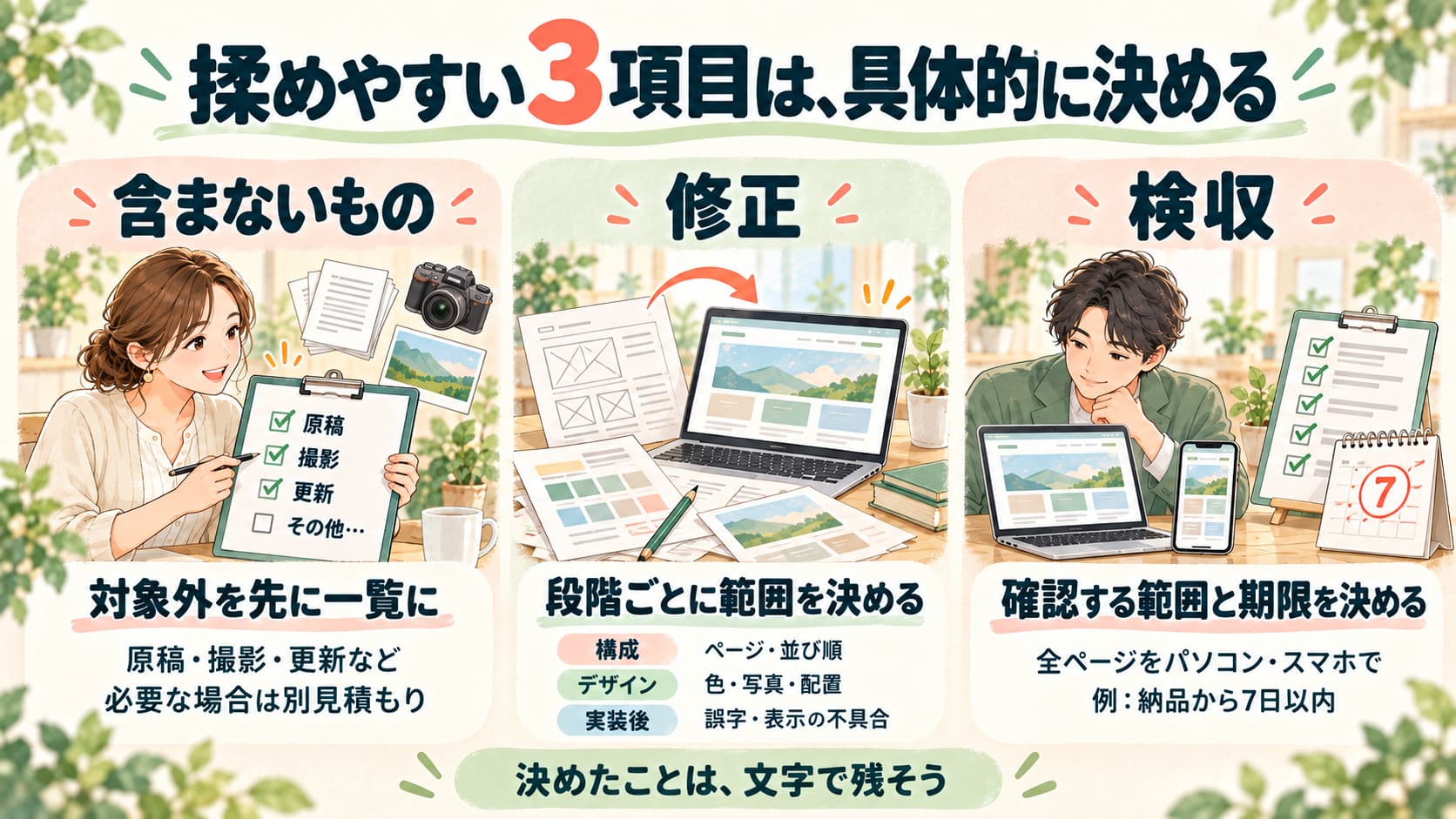Web制作の見積もり確定前に確認する仕様12項目を「人と目的」「作る範囲」「進め方と引き渡し」の3つに分けたチェックリスト
