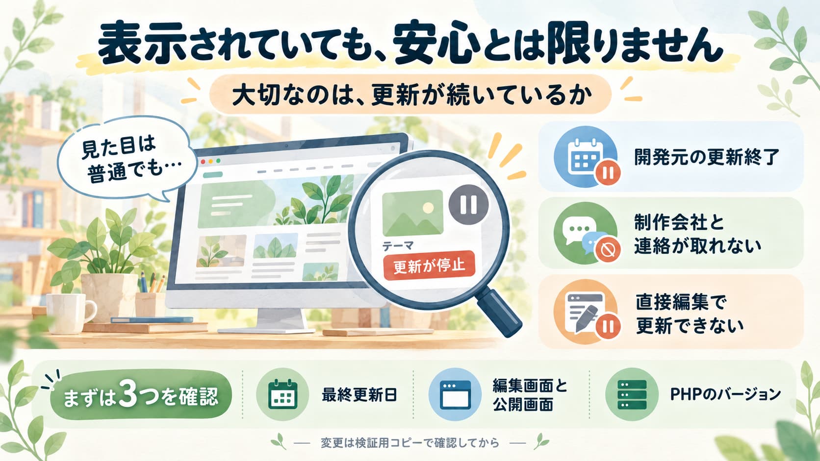WordPressテーマの更新が止まる3つの原因と、最終更新日・編集画面と公開画面・PHPバージョンの確認ポイント