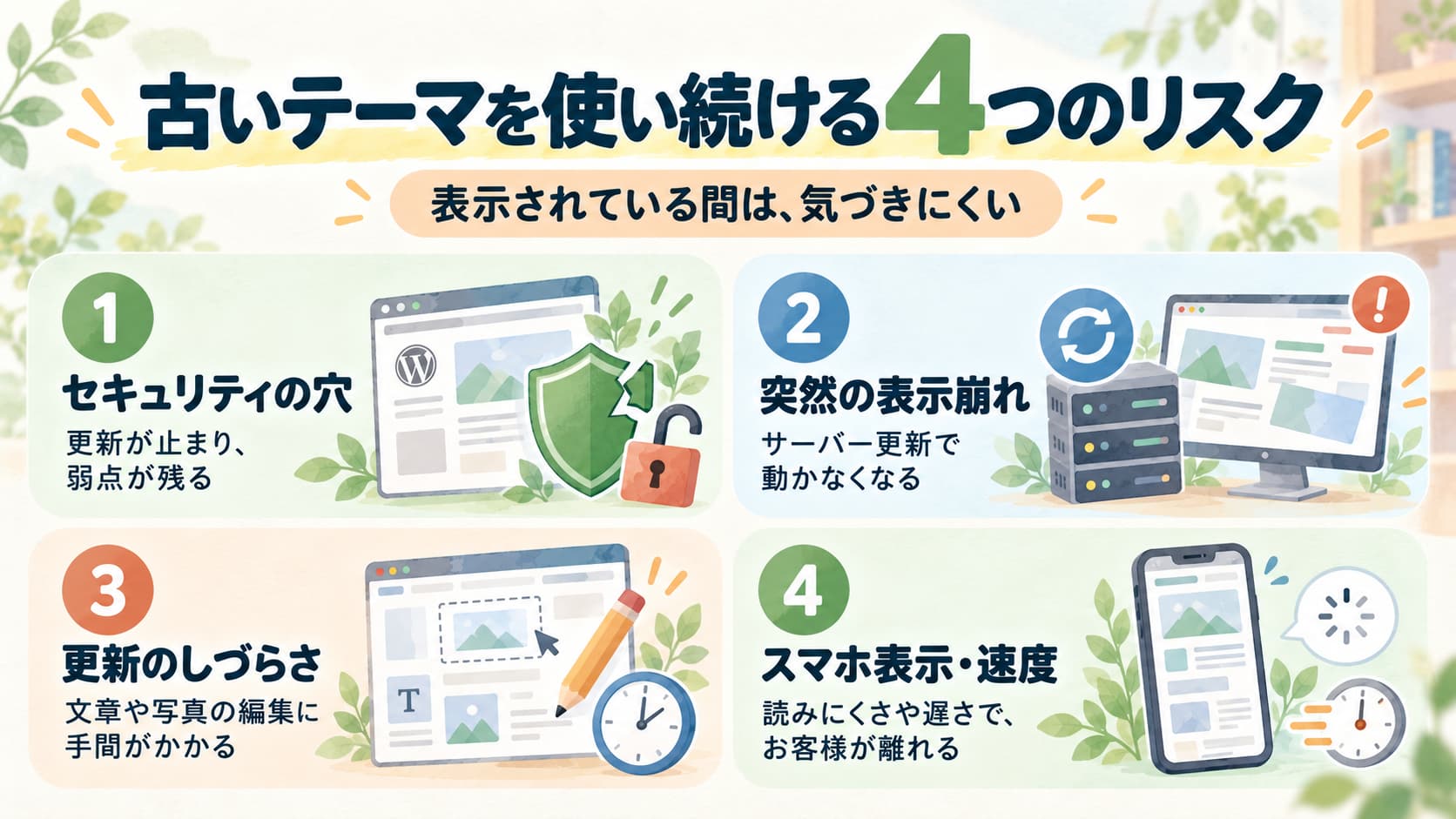 古いWordPressテーマの4つのリスク：セキュリティの穴、突然の表示崩れ、更新のしづらさ、スマホ表示と速度の問題