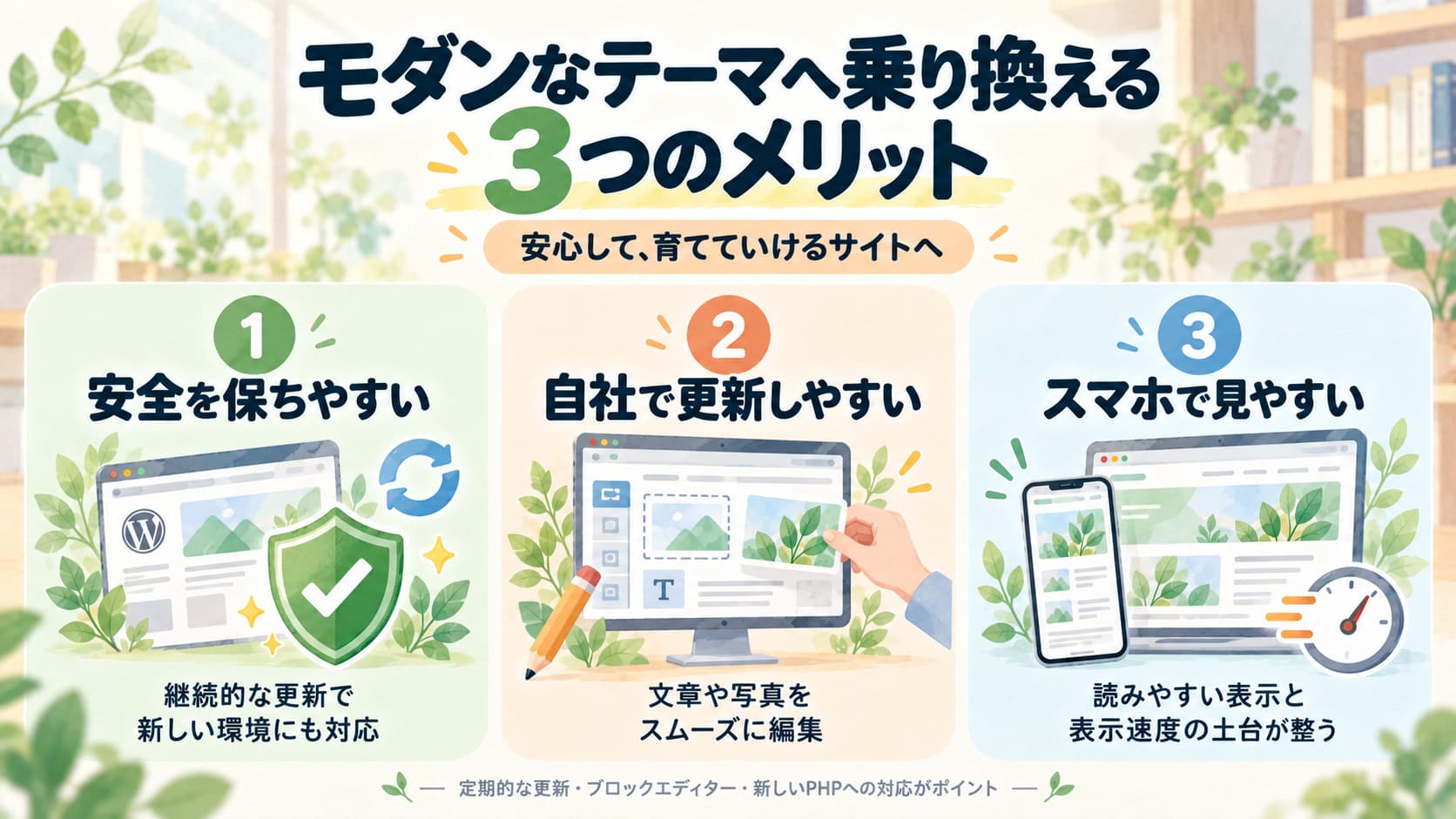 モダンなWordPressテーマへ乗り換える3つのメリット：安全性の維持、自社での更新、スマホ表示と速度の改善