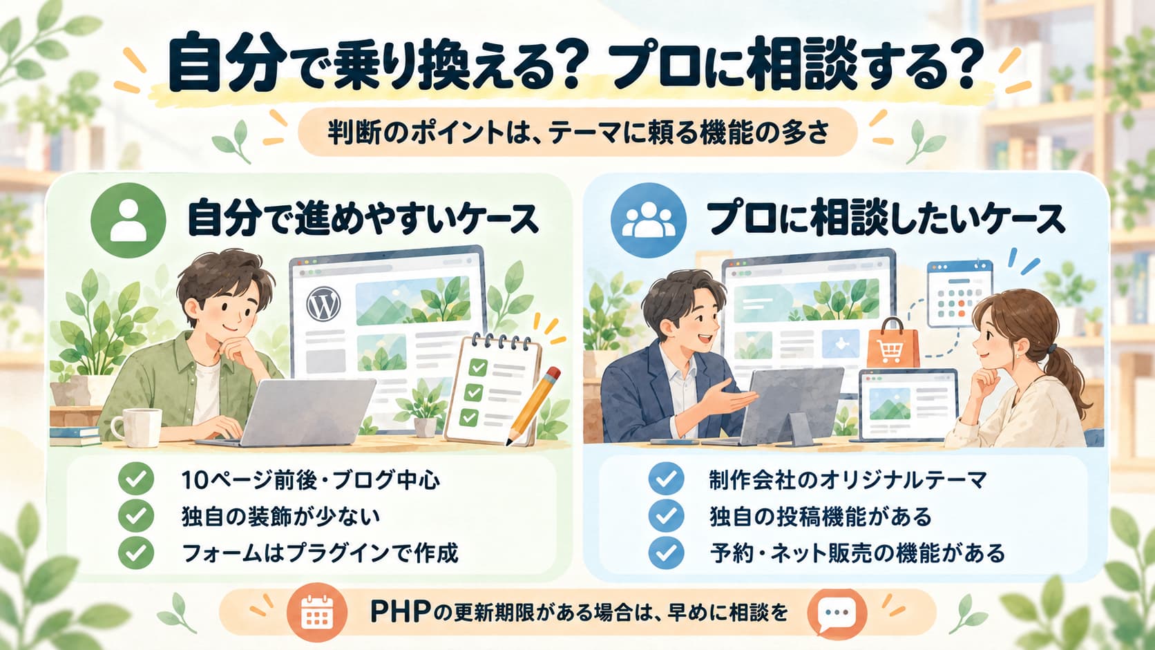 WordPressテーマを自分で乗り換えるかプロに相談するかを、独自装飾・投稿機能・予約やネット販売機能の有無で判断する目安