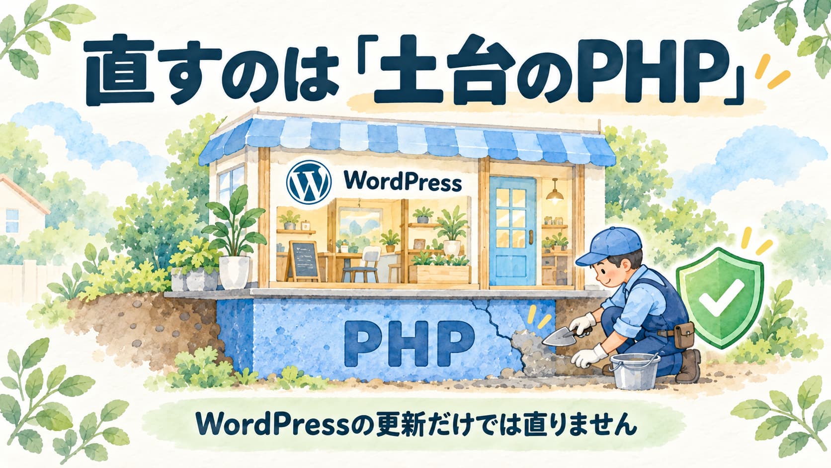 WordPressを店舗、PHPを建物の土台にたとえ、PHPの脆弱性を修正する様子
